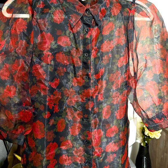 ♥️ Blashe Sheer Dramatic Floral Puff Sleeve Blouse - Picture 7 of 10